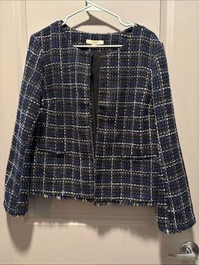 Lark & Ro Navy Black Tweed Plaid Fringe Open Front Jacket Blazer XL